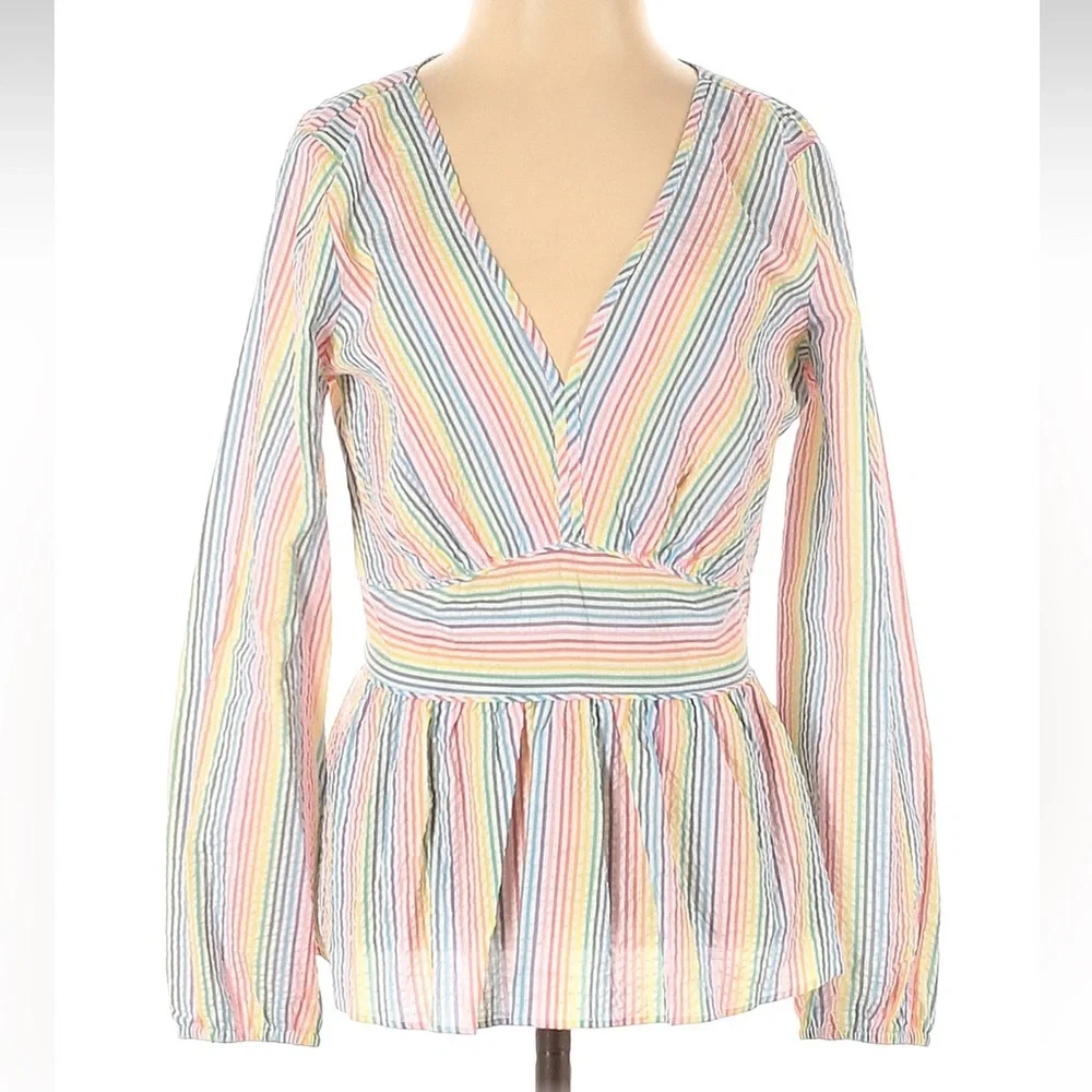 J. Crew V-neck Peplum Top Blouse in Rainbow Stripe Seersucker Size 00 XXS XS